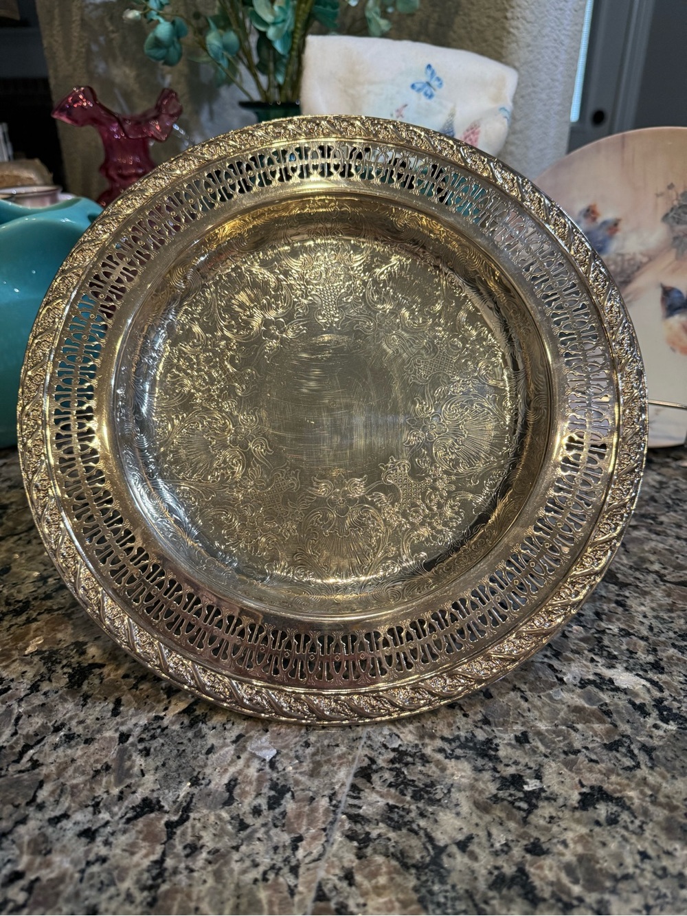 WM Rogers & Son Silver Plated 10.25” Round Serving Tray Platter Spring Flower